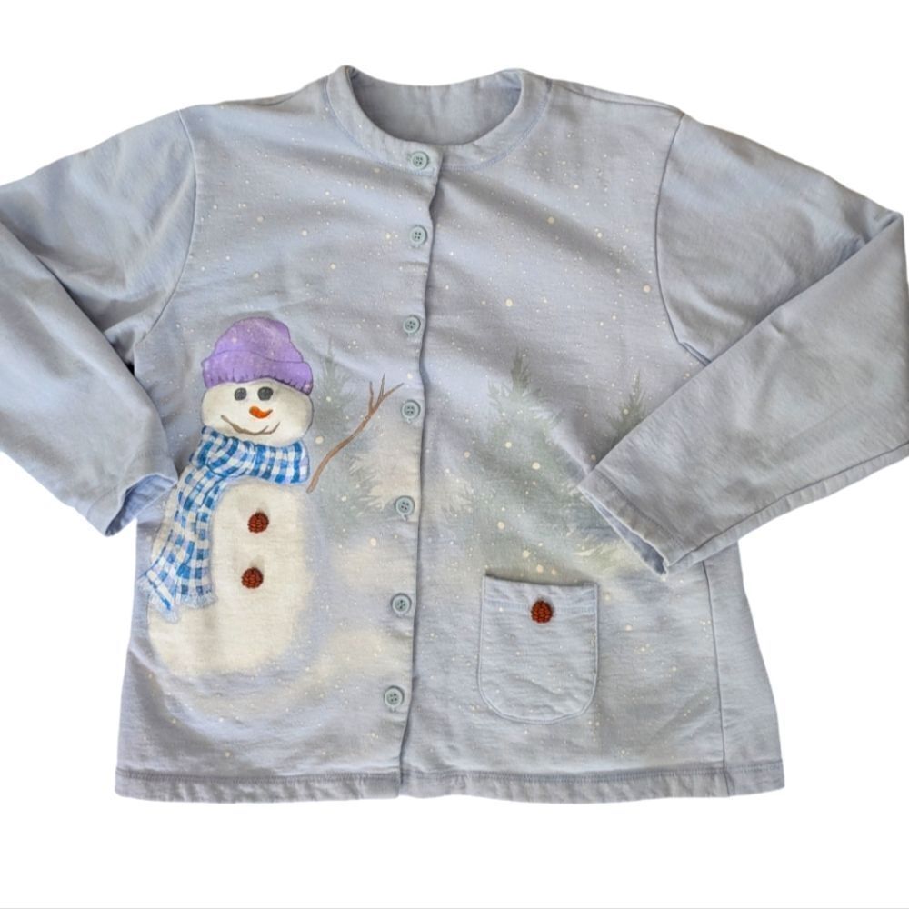 Artisans‎ blue knit winter snowman cardigan sweater size large